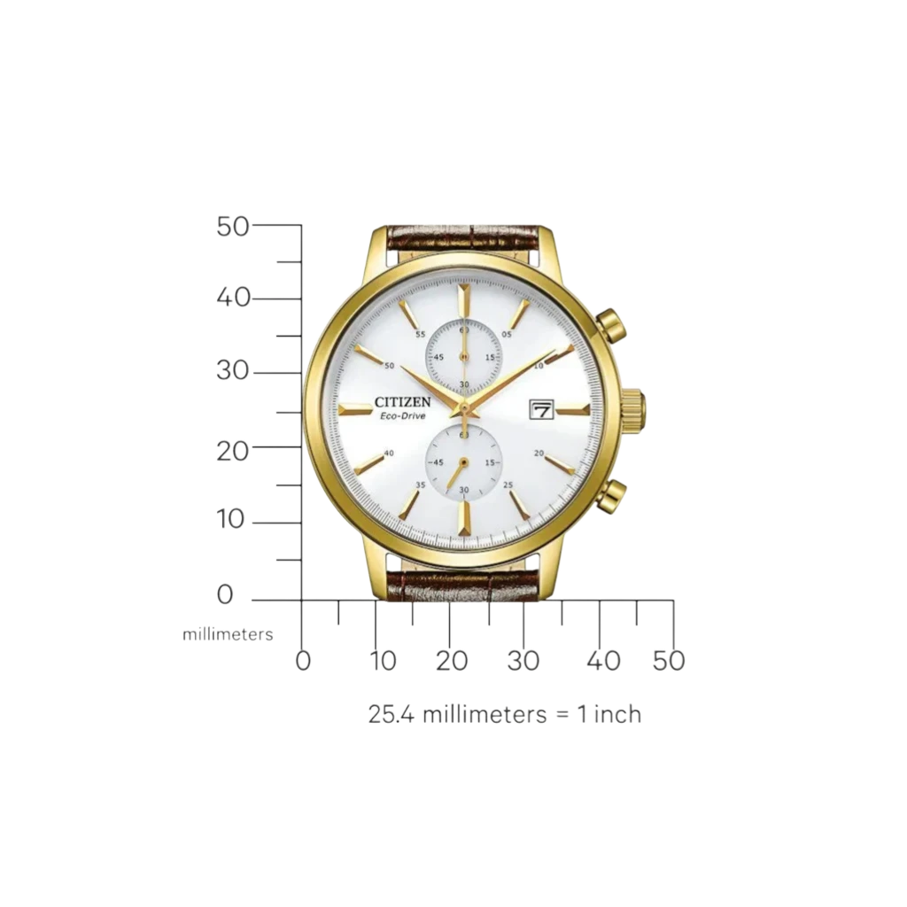 Citizen Herren-Chronograph Eco-Drive Gold Weiß mit Maßangaben. Präzise Herrenuhr mit Quarzwerk, Stoppfunktion und stilvollem Design.
