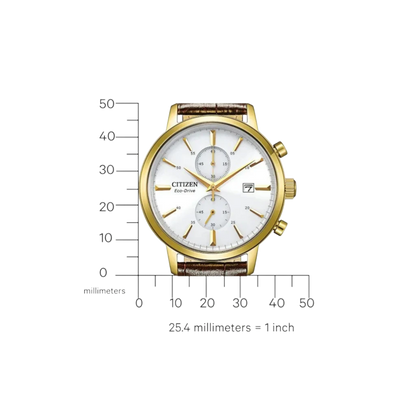 Citizen Herren-Chronograph Eco-Drive Gold Weiß mit Maßangaben. Präzise Herrenuhr mit Quarzwerk, Stoppfunktion und stilvollem Design.