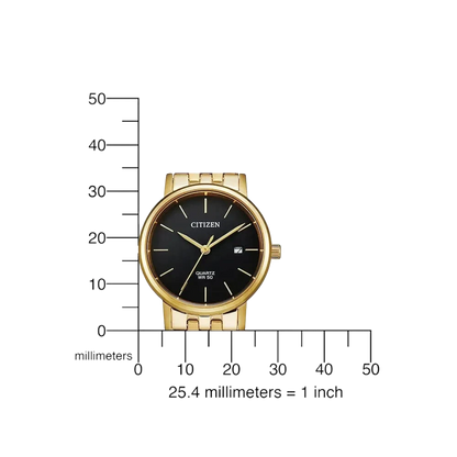 Bendixen-Braun Citizen women's gold-tone stainless steel quartz watch with black dial and date window.