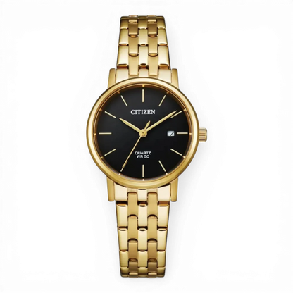 Bendixen-Braun Citizen women's gold-tone stainless steel quartz watch with black dial and date window.
