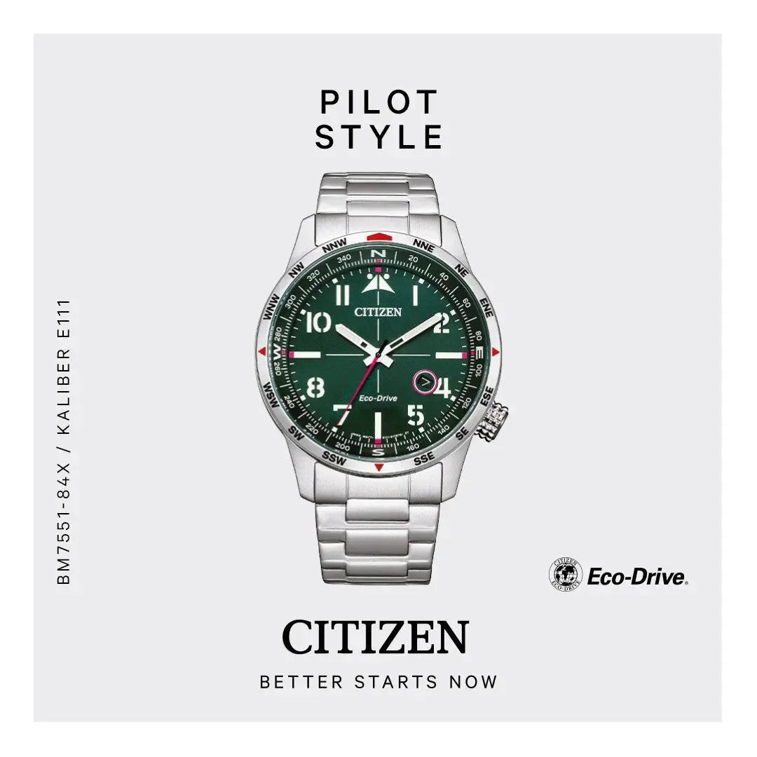 Bendixen-Braun men's solar-powered watch with stainless steel band, green dial, luminous hands and indices, and date function.