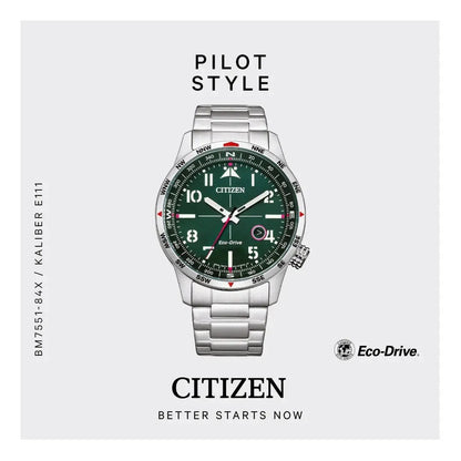 Bendixen-Braun men's solar-powered watch with stainless steel band, green dial, luminous hands and indices, and date function.