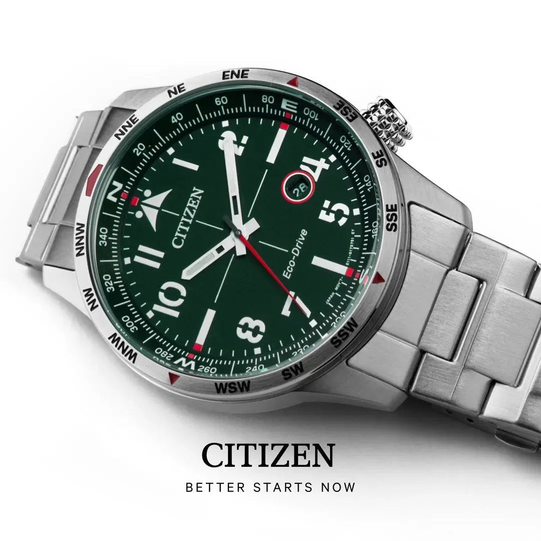 Bendixen-Braun Citizen men's solar-powered watch with stainless steel band, green dial, date window, and luminous hands.