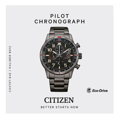 Werbebild des Citizen Herren-Solarchronographen Grau Ionen-plattiert mit Eco-Drive-Technologie. Stilvoller Pilot Chronograph für moderne Männer.