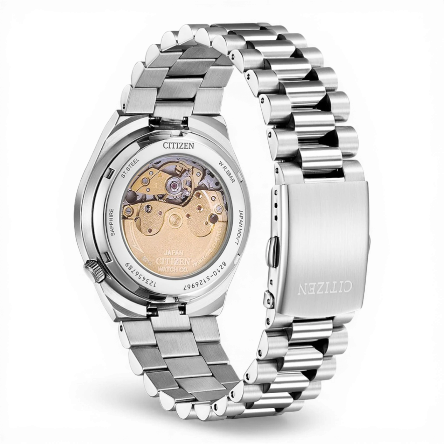 Bendixen-Braun Citizen men's automatic watch with turquoise dial, stainless steel bracelet, and exhibition case back.