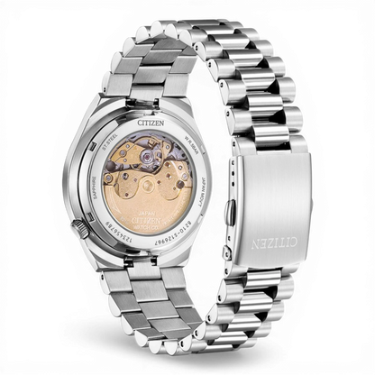 Bendixen-Braun Citizen men's automatic watch with turquoise dial, stainless steel bracelet, and exhibition case back.