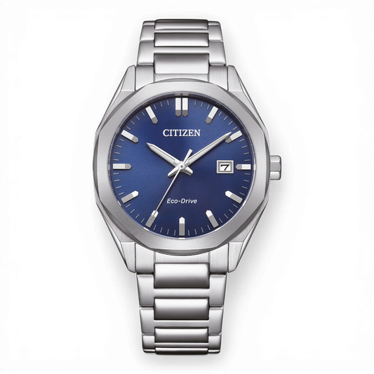 Bendixen-Braun Citizen men's stainless steel watch with blue dial, octagonal case, and Eco-Drive solar technology.