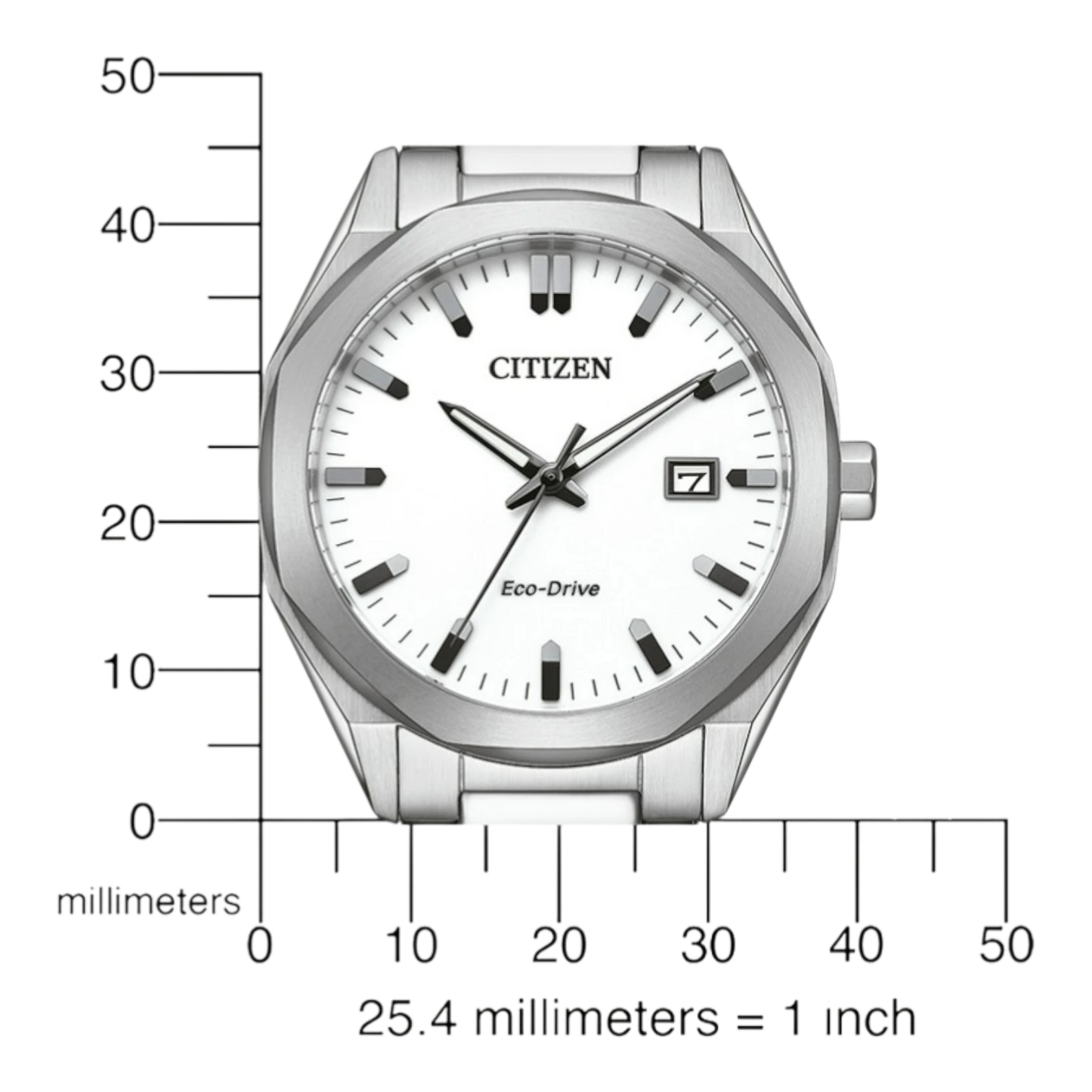 Bendixen-Braun men's watch with white dial, octagonal-round stainless steel case, and Eco-Drive solar technology.