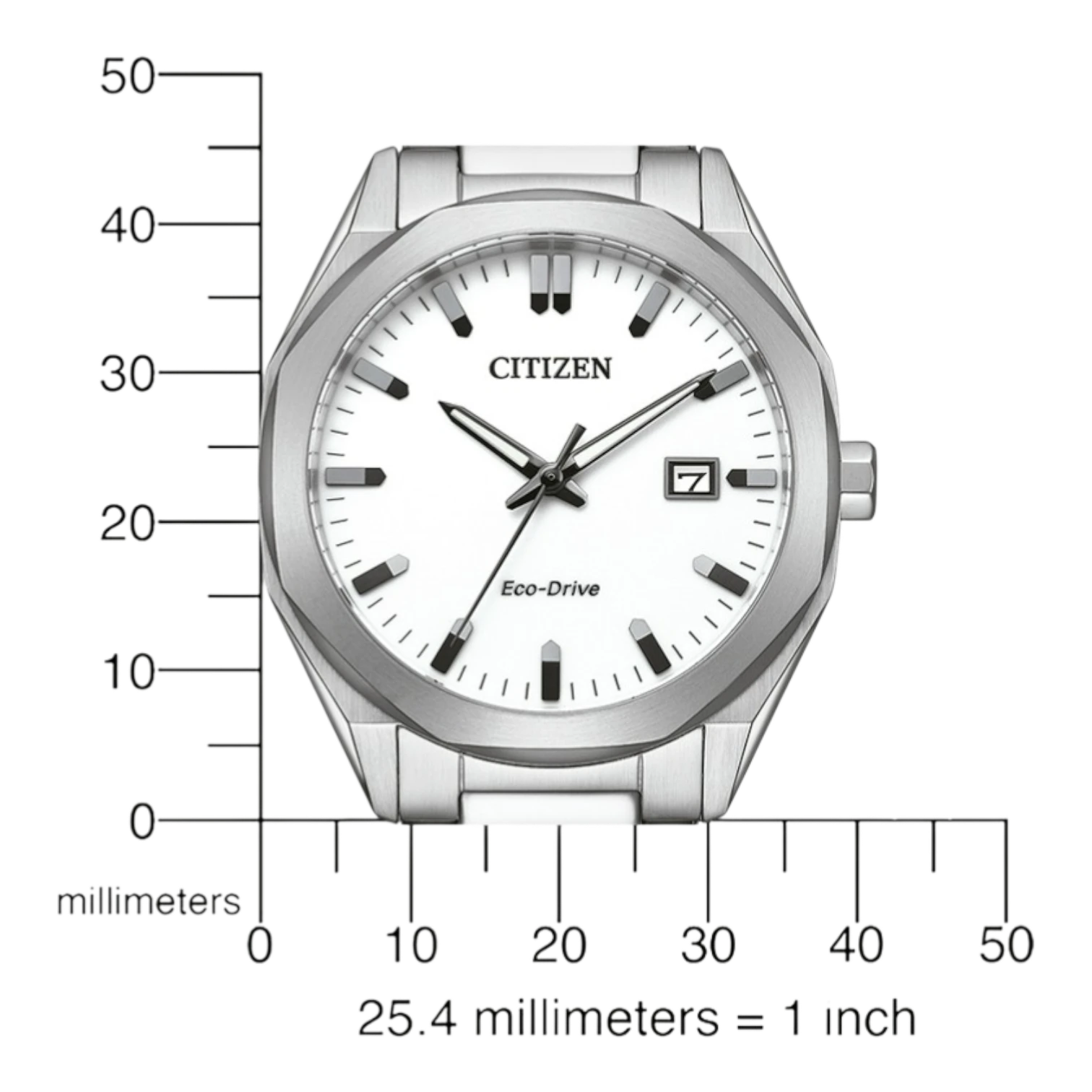Bendixen-Braun men's watch with white dial, octagonal-round stainless steel case, and Eco-Drive solar technology.