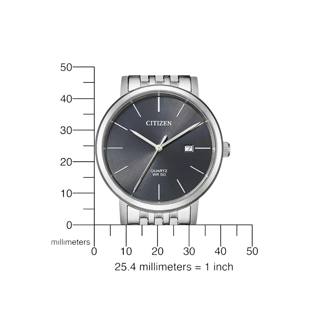 Bendixen-Braun men's Citizen quartz watch with stainless steel case, grey dial, date window, and silver indices.