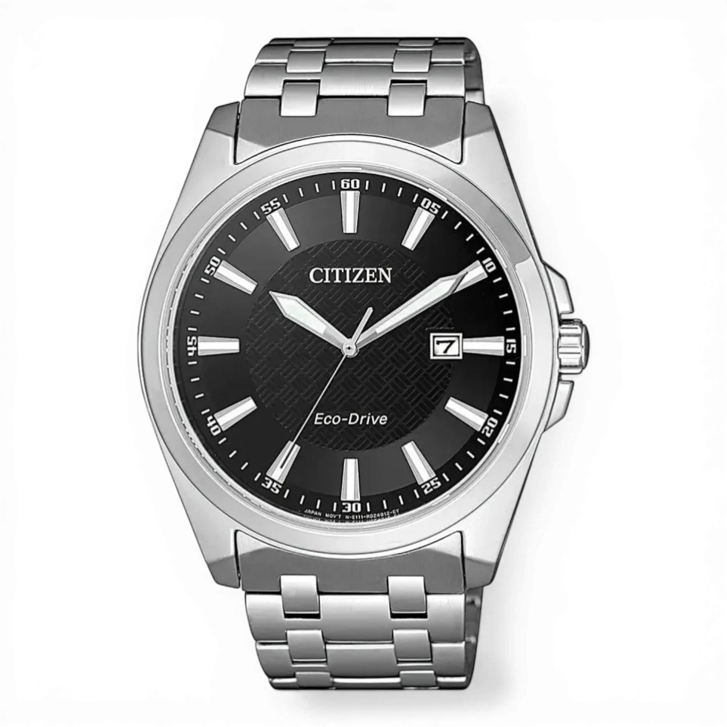 Citizen Herrenuhr Edelstahl Solar mit schwarzem Zifferblatt und Datumsanzeige. Elegantes Design mit Edelstahlarmband, erhältlich bei Bendixen-Braun.