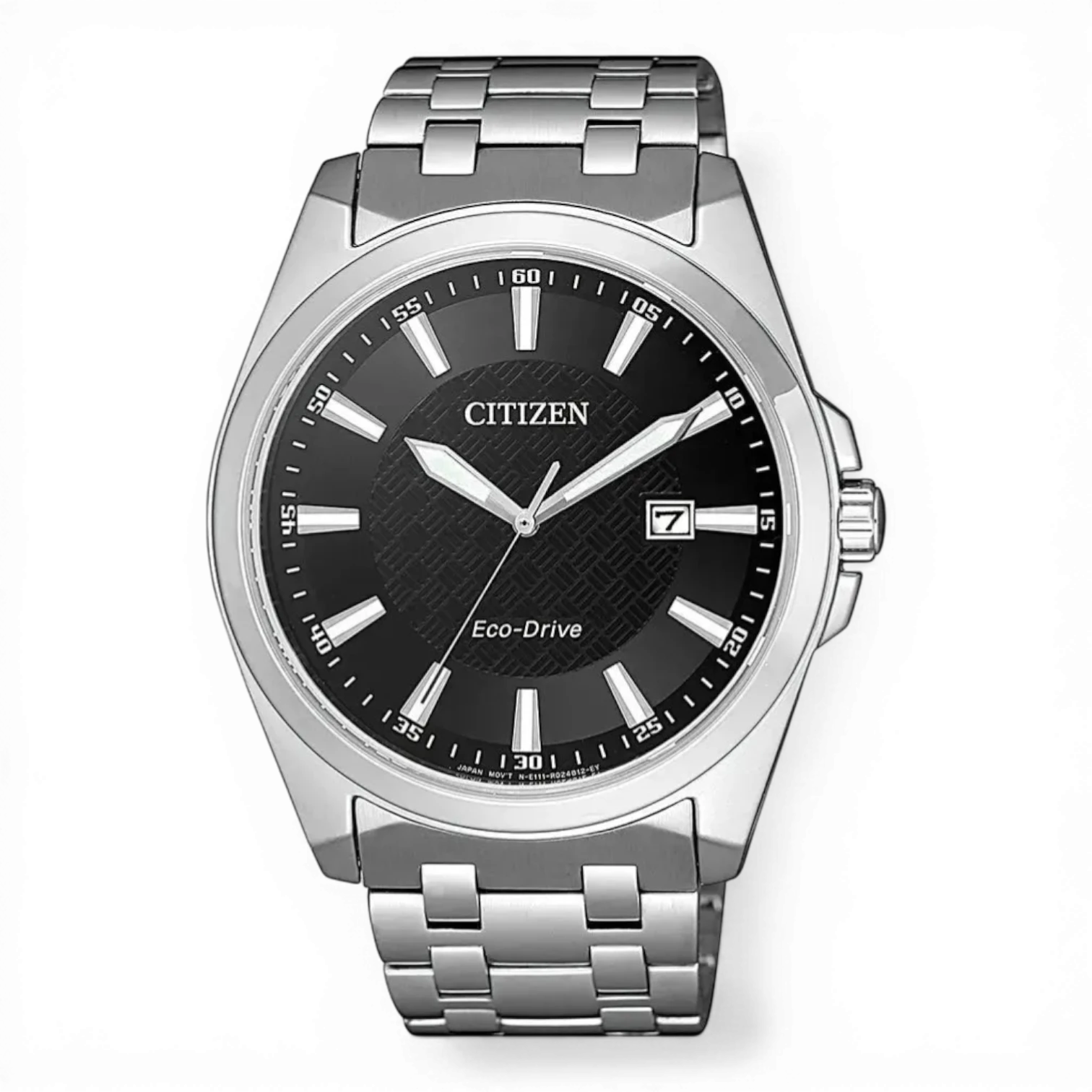 Citizen Herrenuhr Edelstahl Solar mit schwarzem Zifferblatt und Datumsanzeige. Elegantes Design mit Edelstahlarmband, erhältlich bei Bendixen-Braun.