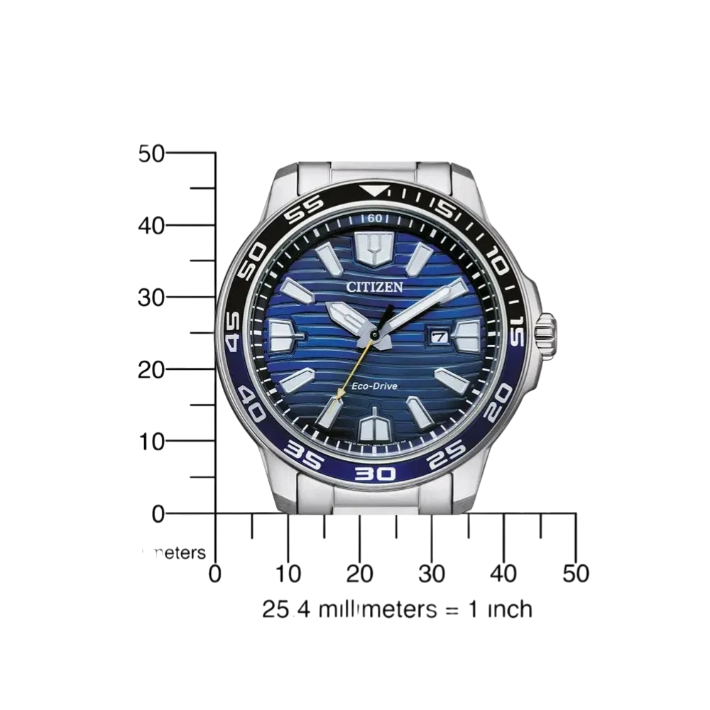 Bendixen-Braun Citizen men's solar-powered watch with stainless steel band, blue dial, blue bezel, and luminous markers.