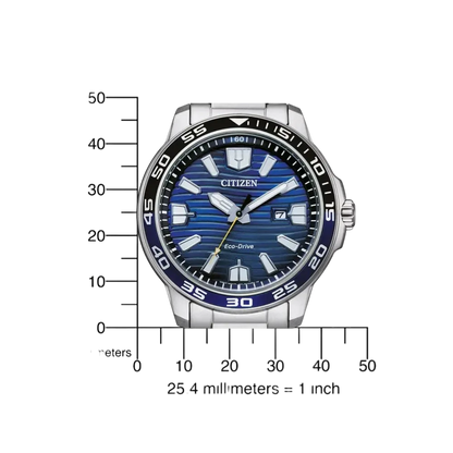 Bendixen-Braun Citizen men's solar-powered watch with stainless steel band, blue dial, blue bezel, and luminous markers.