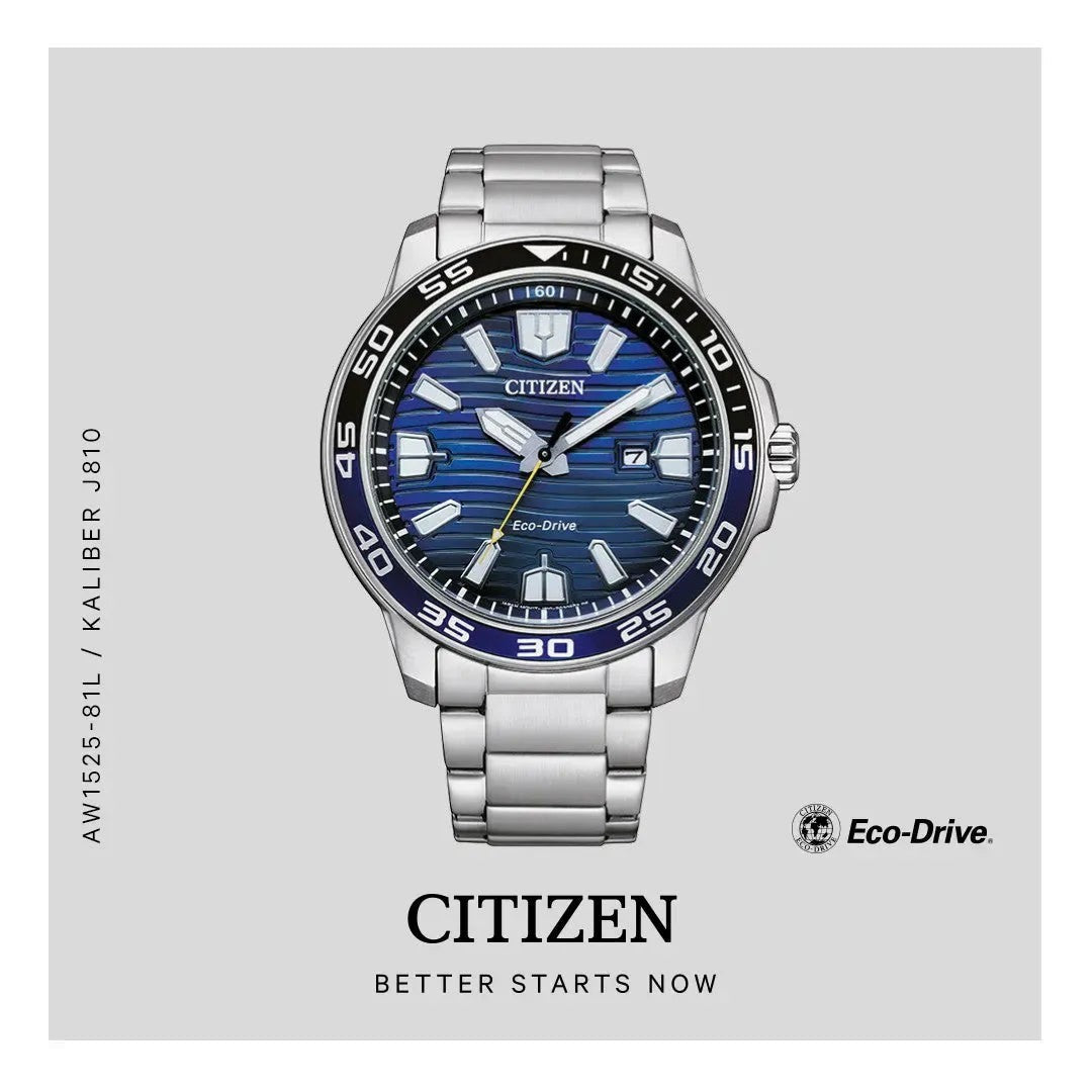 Bendixen-Braun Citizen men's solar-powered watch with stainless steel band, blue dial, blue bezel, and date window.
