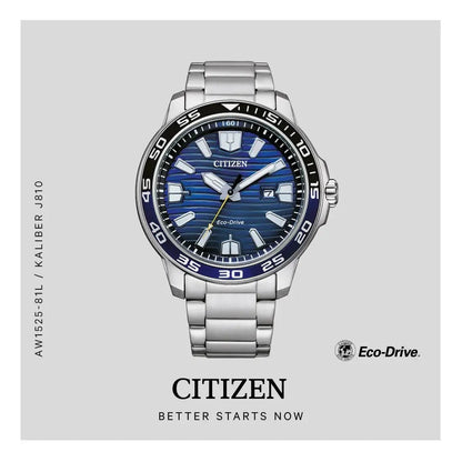 Bendixen-Braun Citizen men's solar-powered watch with stainless steel band, blue dial, blue bezel, and date window.
