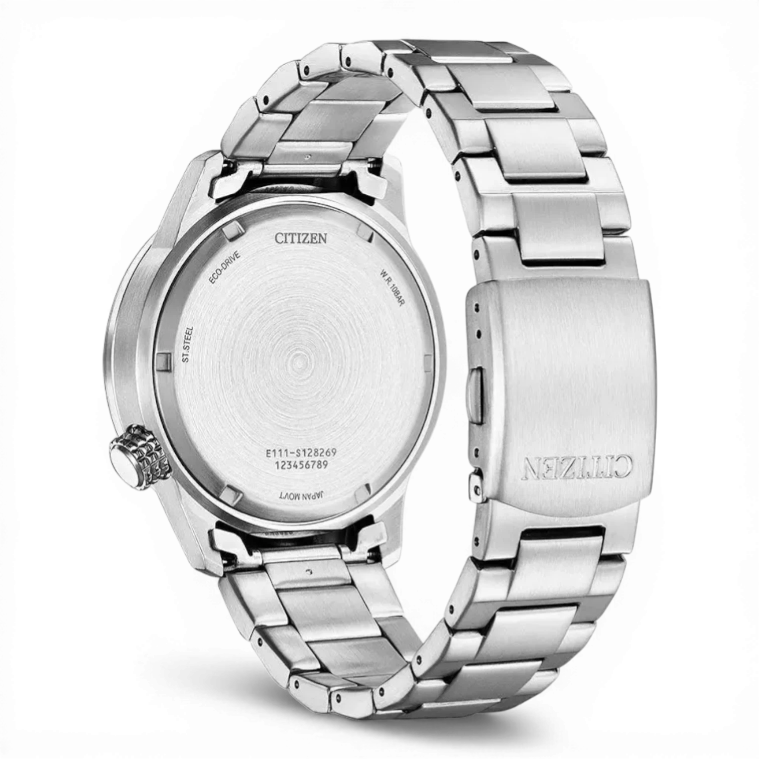 Bendixen-Braun Citizen men's solar watch with brushed stainless steel band, green dial, and date.