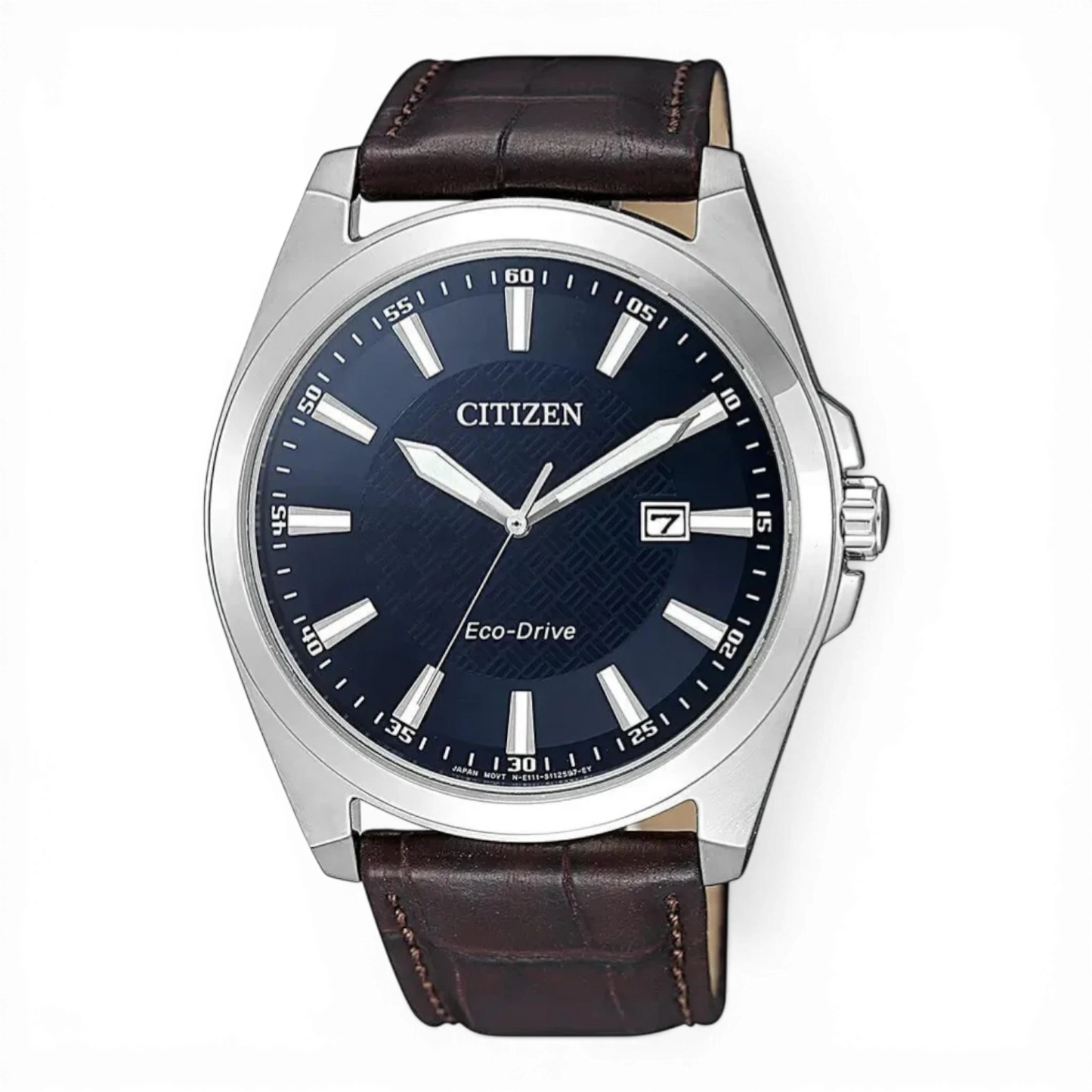 Bendixen-Braun men's solar-powered watch with navy blue dial, date window, and brown embossed leather strap.