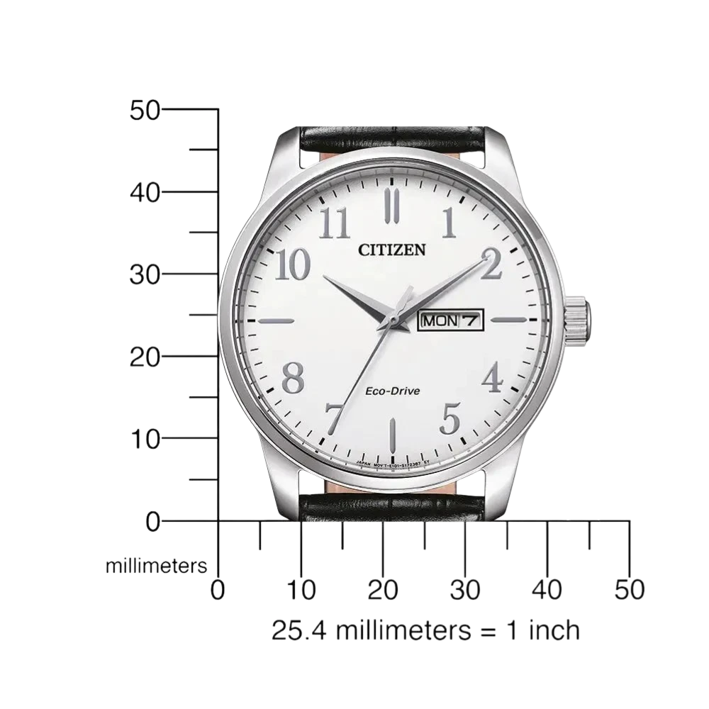 Citizen Klassische Herren-Solaruhr mit Größenvergleich. Edelstahlgehäuse, weißes Zifferblatt und schwarze Lederarmband für zeitlose Eleganz.