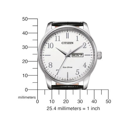 Citizen Klassische Herren-Solaruhr mit Größenvergleich. Edelstahlgehäuse, weißes Zifferblatt und schwarze Lederarmband für zeitlose Eleganz.