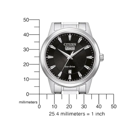 Bendixen-Braun Citizen men's stainless steel solar watch with black dial, silver indices, date and day display.