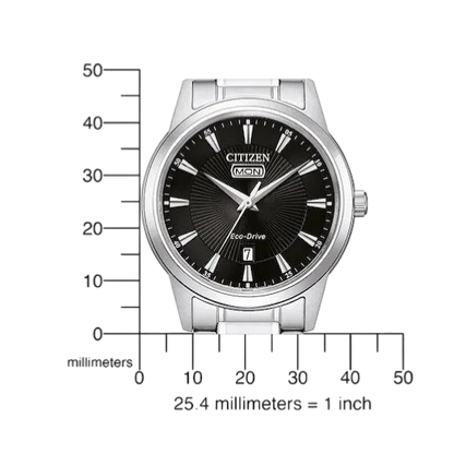 Bendixen-Braun Citizen men's stainless steel solar watch with black dial, silver indices, date and day display.