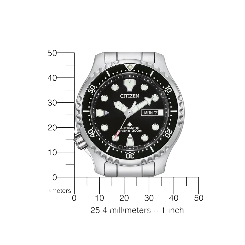 Citizen Herren-Automatikuhr Promaster Marine mit Maßangaben. Robuste Taucheruhr mit 200m Wasserdichtigkeit und präzisem Automatikwerk.