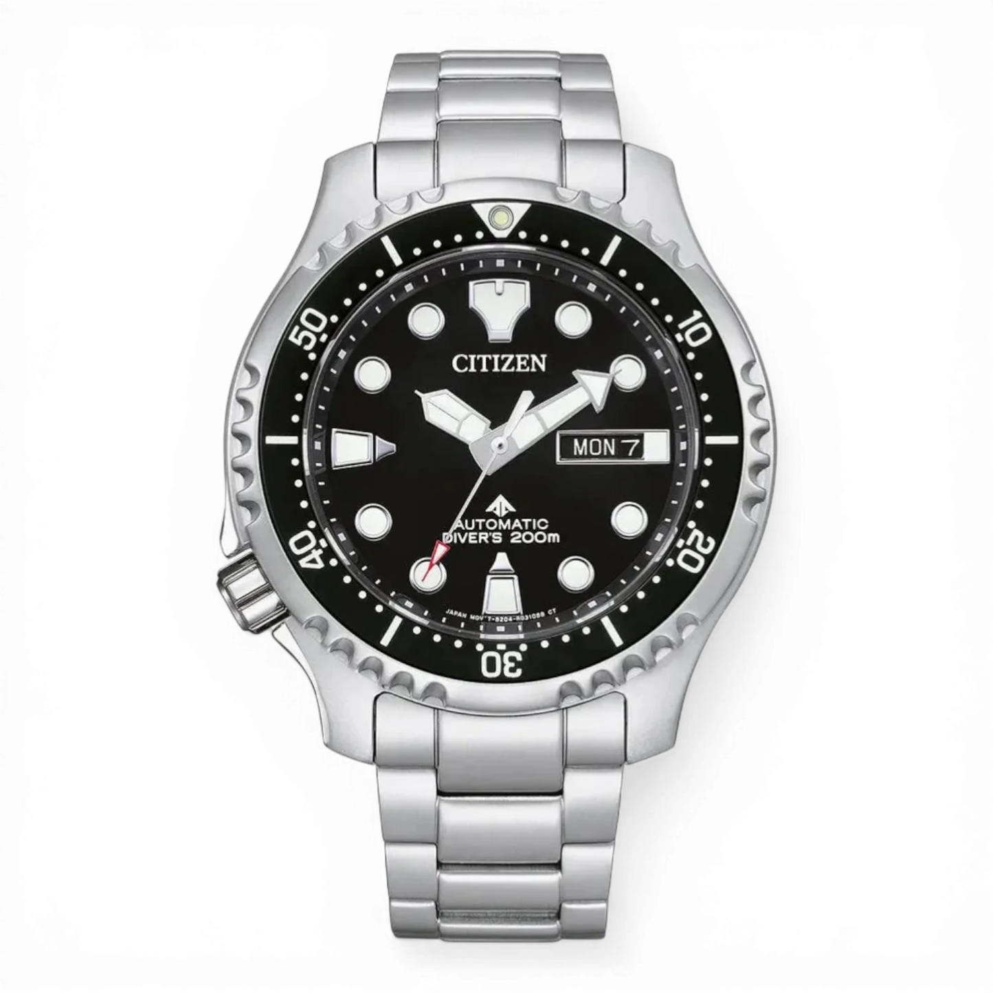 Citizen Herren-Automatikuhr Promaster Marine mit Edelstahlarmband und schwarzem Zifferblatt. Wasserdicht bis 200m, ideal für Taucher.