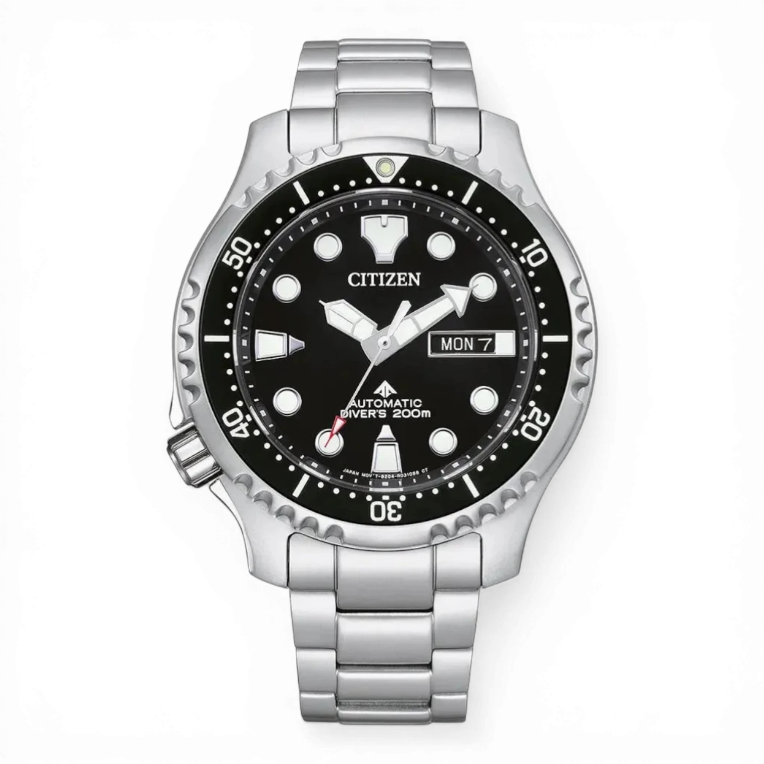 Citizen Herren-Automatikuhr Promaster Marine mit Edelstahlarmband und schwarzem Zifferblatt. Wasserdicht bis 200m, ideal für Taucher.