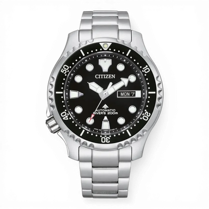 Citizen Herren-Automatikuhr Promaster Marine mit Edelstahlarmband und schwarzem Zifferblatt. Wasserdicht bis 200m, ideal für Taucher.