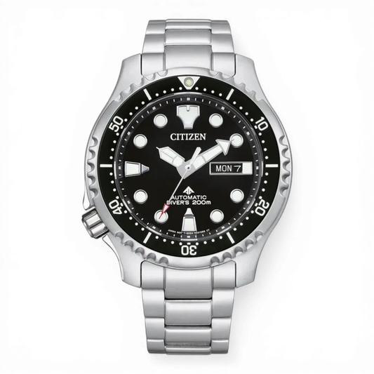 Citizen Herren-Automatikuhr Promaster Marine mit Edelstahlarmband und schwarzem Zifferblatt. Wasserdicht bis 200m, ideal für Taucher.