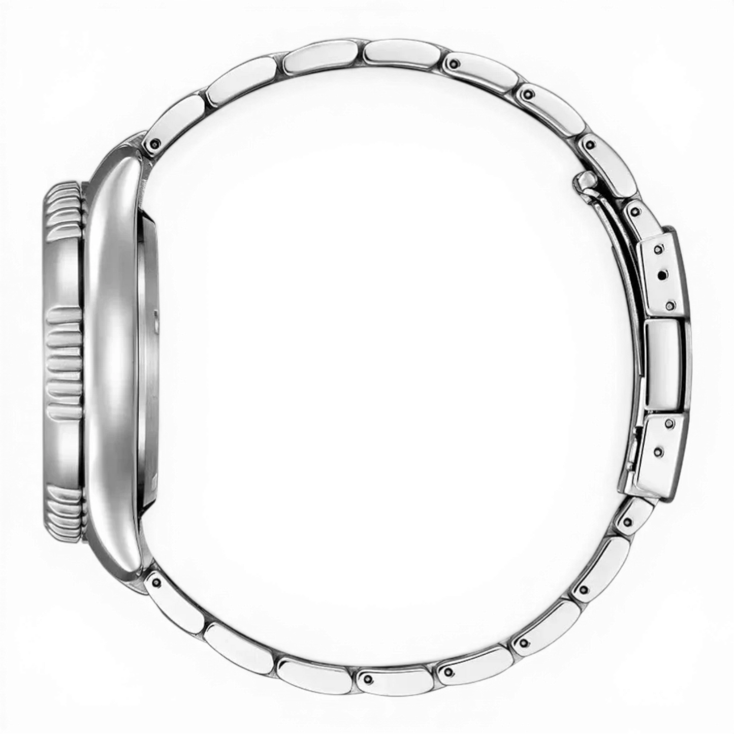 Seitenansicht der Citizen Herren-Automatikuhr Promaster Marine mit robustem Edelstahlgehäuse und verschraubter Krone für hohe Wasserdichtigkeit.