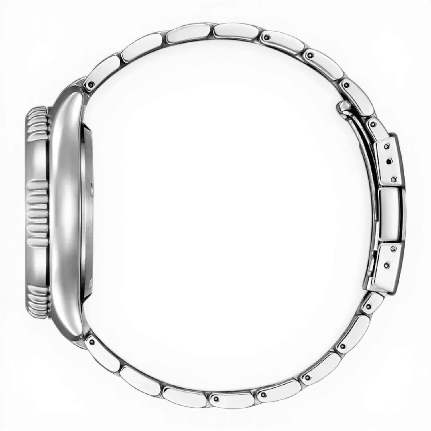 Seitenansicht der Citizen Herren-Automatikuhr Promaster Marine mit robustem Edelstahlgehäuse und verschraubter Krone für hohe Wasserdichtigkeit.