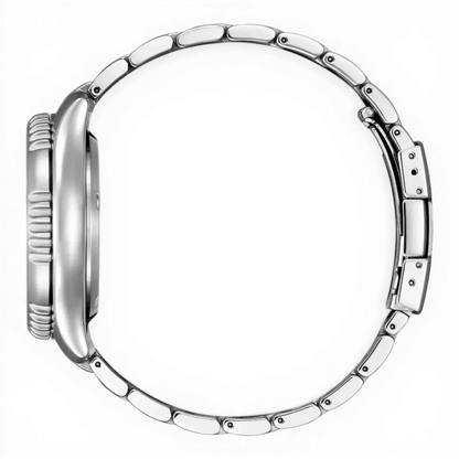 Seitenansicht der Citizen Herren-Automatikuhr Promaster Marine mit robustem Edelstahlgehäuse und verschraubter Krone für hohe Wasserdichtigkeit.