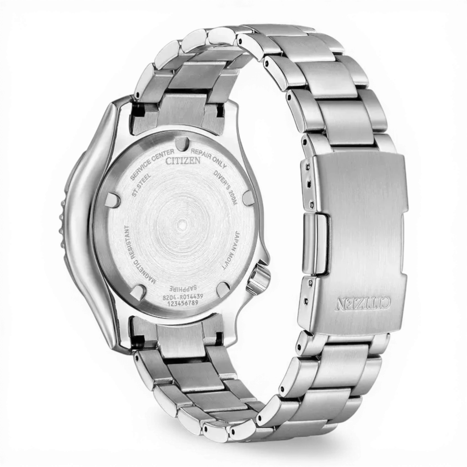 Rückseite der Citizen Herren-Automatikuhr Promaster Marine mit verschraubtem Gehäuseboden und Edelstahlarmband für maximale Langlebigkeit.