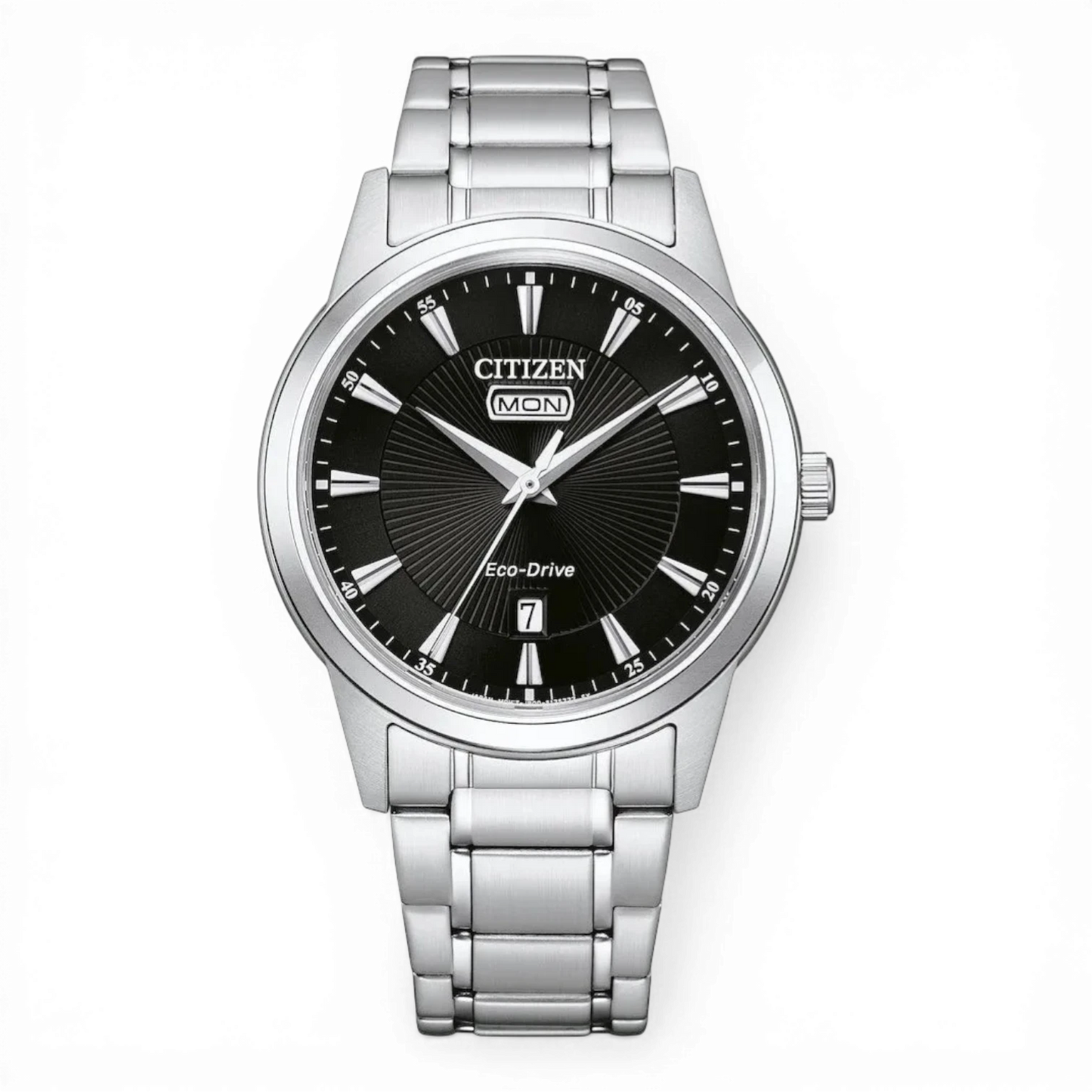Bendixen-Braun Citizen men's stainless steel solar watch with black dial, silver indices, and day/date display.