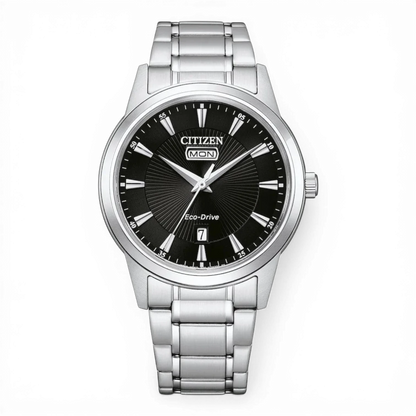 Bendixen-Braun Citizen men's stainless steel solar watch with black dial, silver indices, and day/date display.