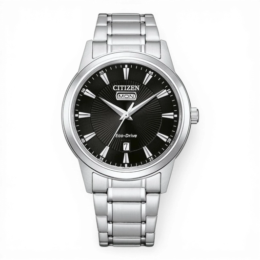 Bendixen-Braun Citizen men's stainless steel solar watch with black dial, silver indices, and day/date display.