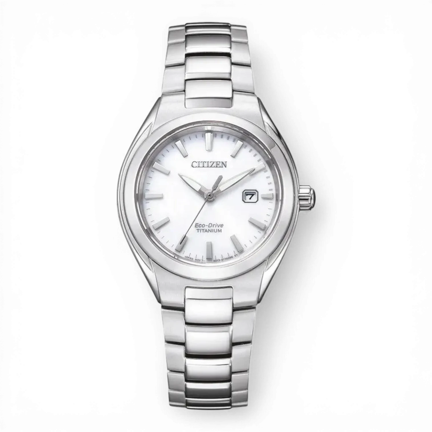 Bendixen-Braun Citizen women's solar-powered watch with white dial, Super Titanium bracelet, date display, and sapphire crystal.
