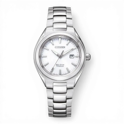 Bendixen-Braun Citizen women's solar-powered watch with white dial, Super Titanium bracelet, date display, and sapphire crystal.