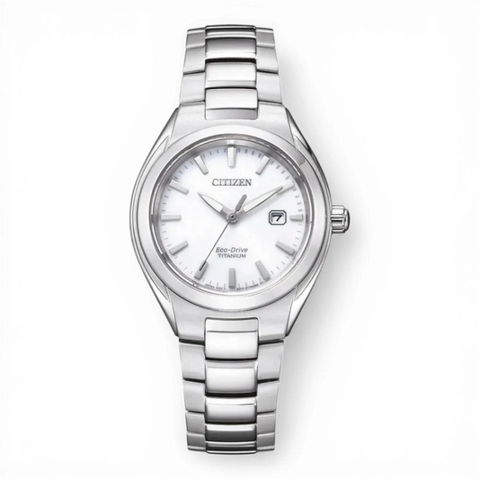 Bendixen-Braun Citizen women's solar-powered watch with white dial, Super Titanium bracelet, date display, and sapphire crystal.