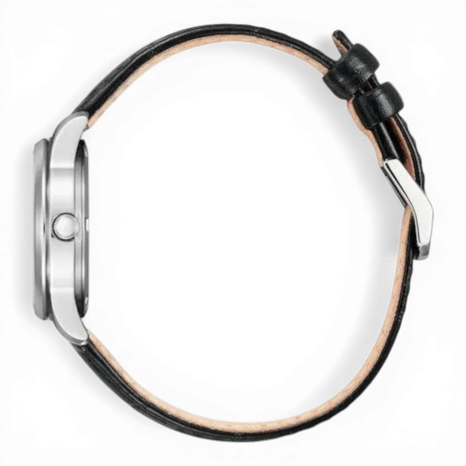 Seitliche Ansicht der Citizen Damenuhr Eco-Drive mit Croco-Look Lederband. Schlankes Edelstahlgehäuse mit nachhaltiger Solartechnologie.
