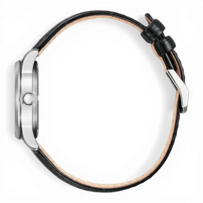 Seitliche Ansicht der Citizen Damenuhr Eco-Drive mit Croco-Look Lederband. Schlankes Edelstahlgehäuse mit nachhaltiger Solartechnologie.
