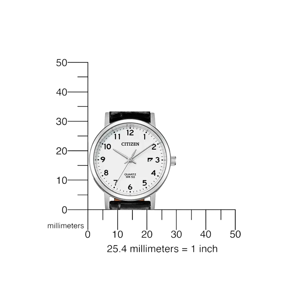 Bendixen-Braun women's quartz watch with polished stainless steel case, white dial, black Arabic numerals, and black leather strap.