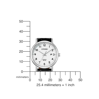Bendixen-Braun women's quartz watch with polished stainless steel case, white dial, black Arabic numerals, and black leather strap.