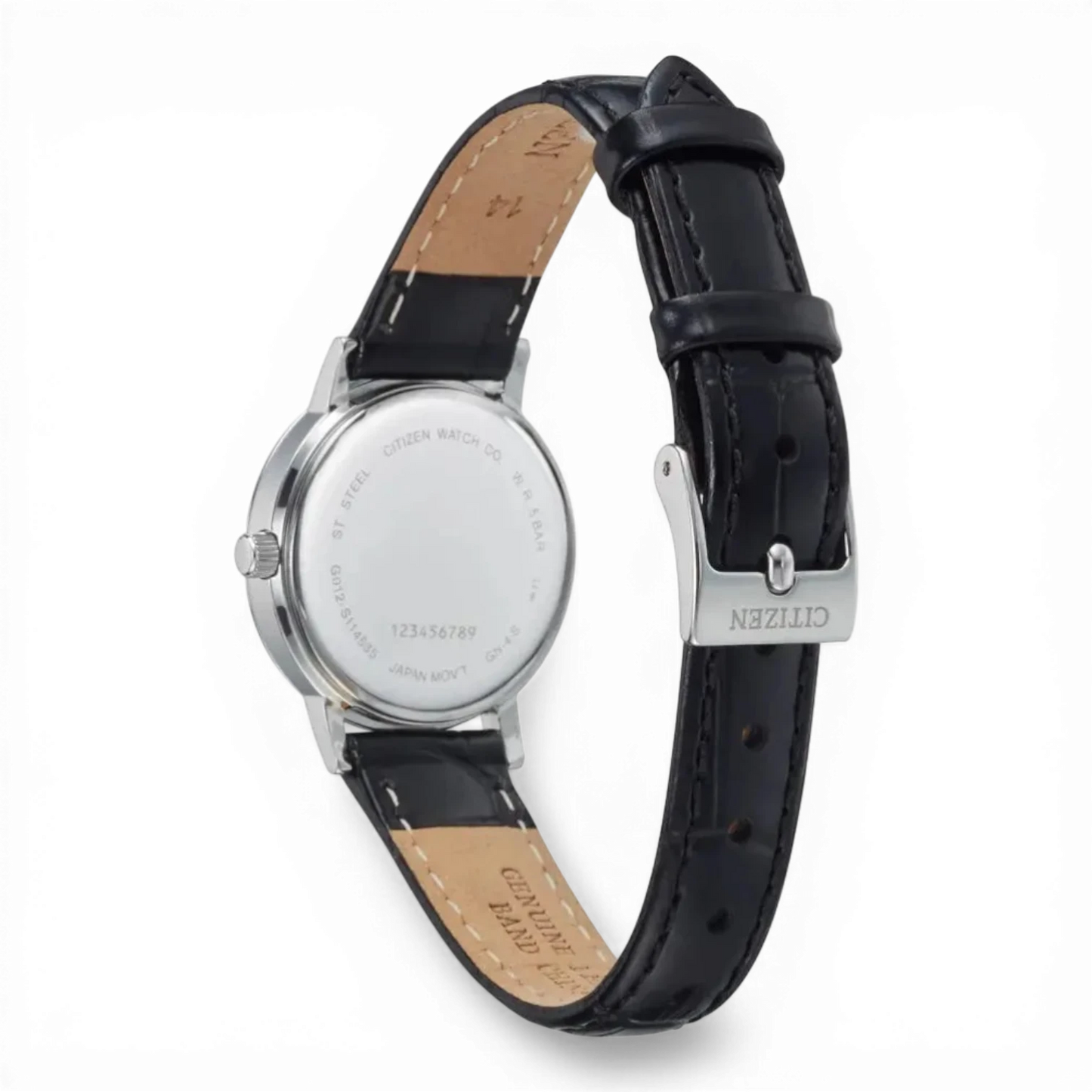Bendixen-Braun Citizen women's watch with white dial, black leather strap, and stainless steel case. Features Arabic numerals and date.