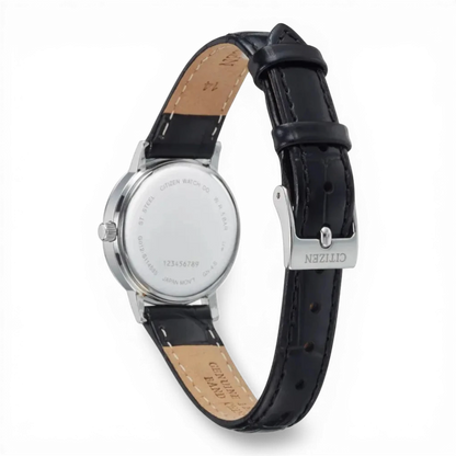 Bendixen-Braun Citizen women's watch with white dial, black leather strap, and stainless steel case. Features Arabic numerals and date.