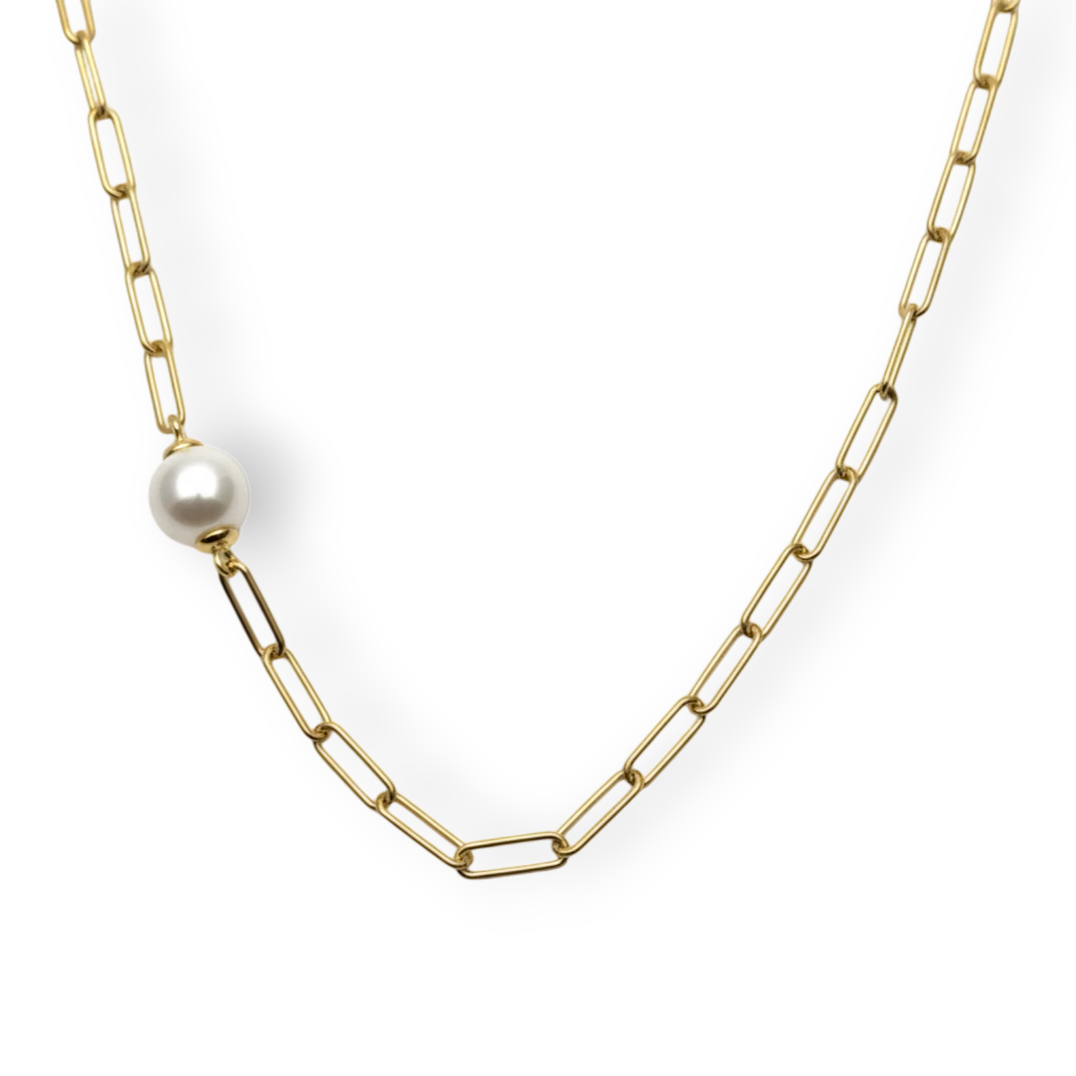 Bendixen-Braun gold-plated 925 sterling silver necklace with a single freshwater pearl and paperclip chain, 50cm adjustable length.
