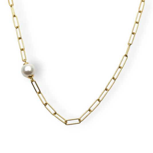 Bendixen-Braun gold-plated 925 sterling silver necklace with a single freshwater pearl and paperclip chain, 50cm adjustable length.