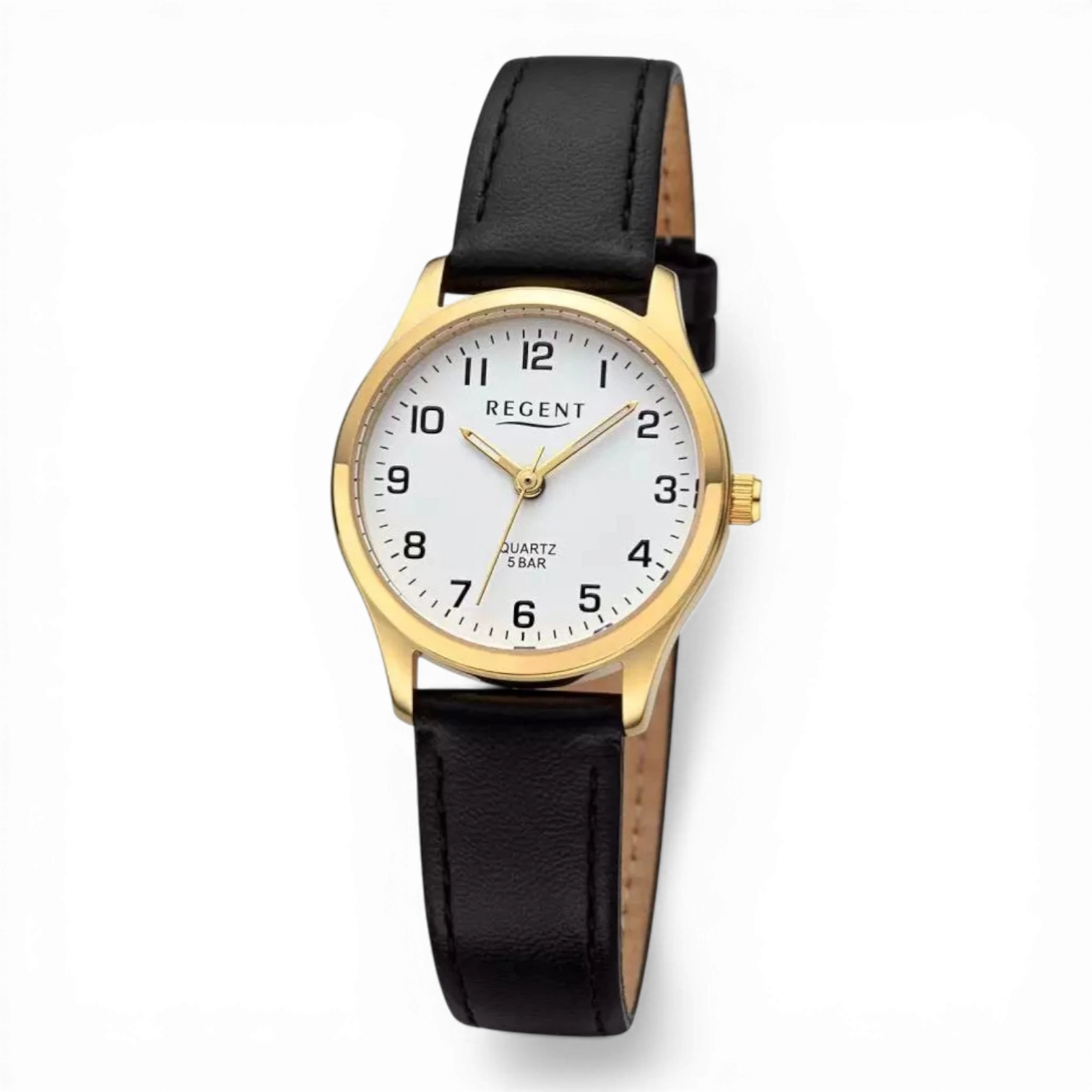 Bendixen-Braun gold-tone stainless steel case quartz watch with white dial and black leather band.